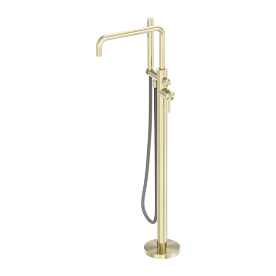 Nero Zen Stainless Steel Freestanding Bath Mixer With Outdoor Shower Hose Brushed Gold