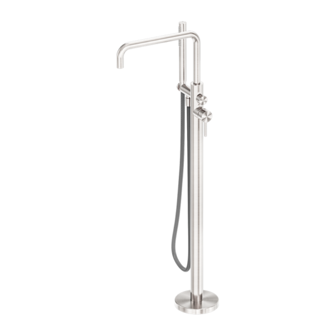 Nero Zen Stainless Steel Freestanding Bath Mixer With Outdoor Shower Hose Brushed Nickel