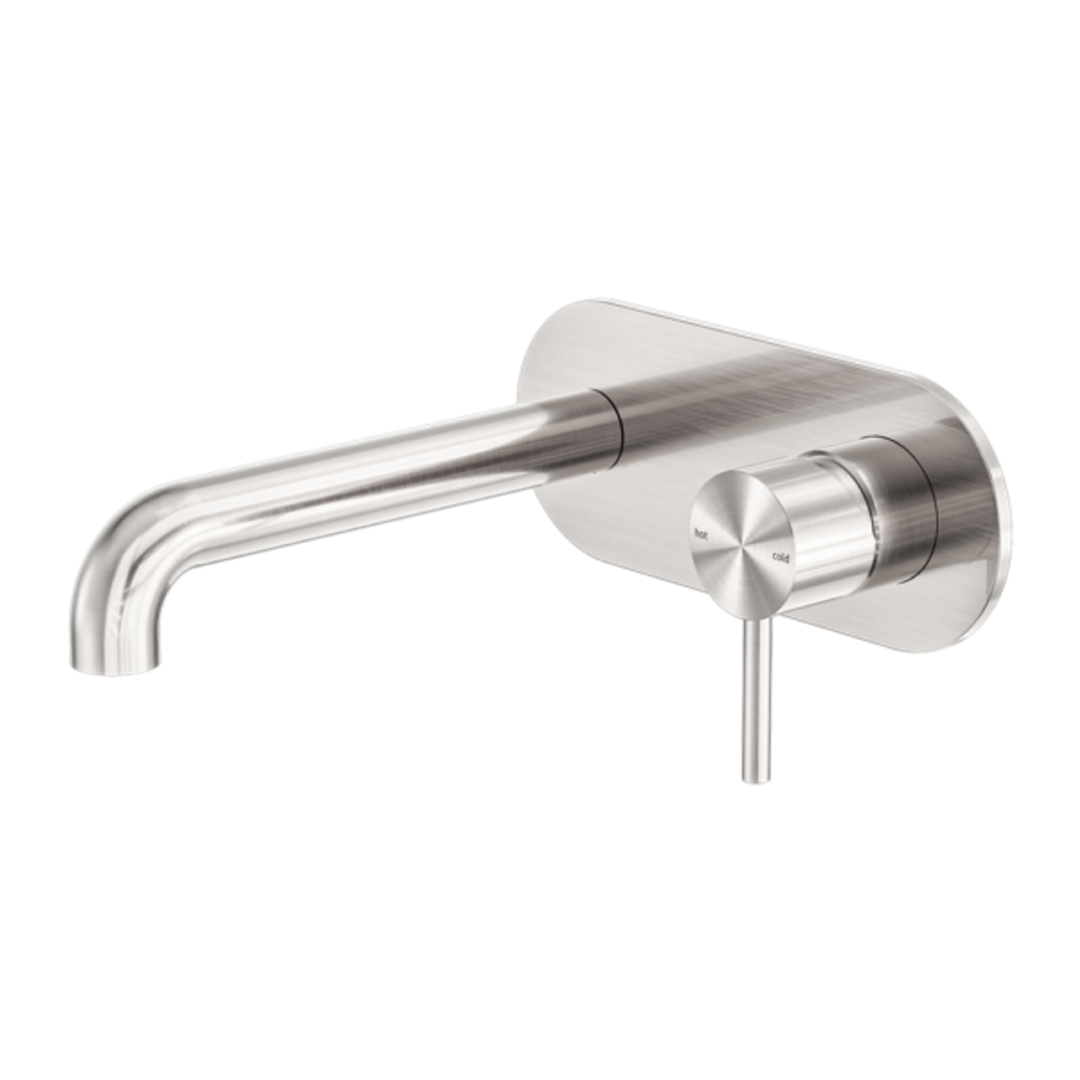 Nero Zen Stainless Steel Wall Basin/Bath Mixer 185Mm Spout Brushed Nickel