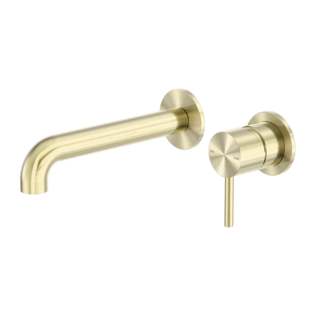 Nero Zen Stainless Steel Wall Basin/Bath Mixer Separate Back Plate 185Mm Spout Brushed Gold