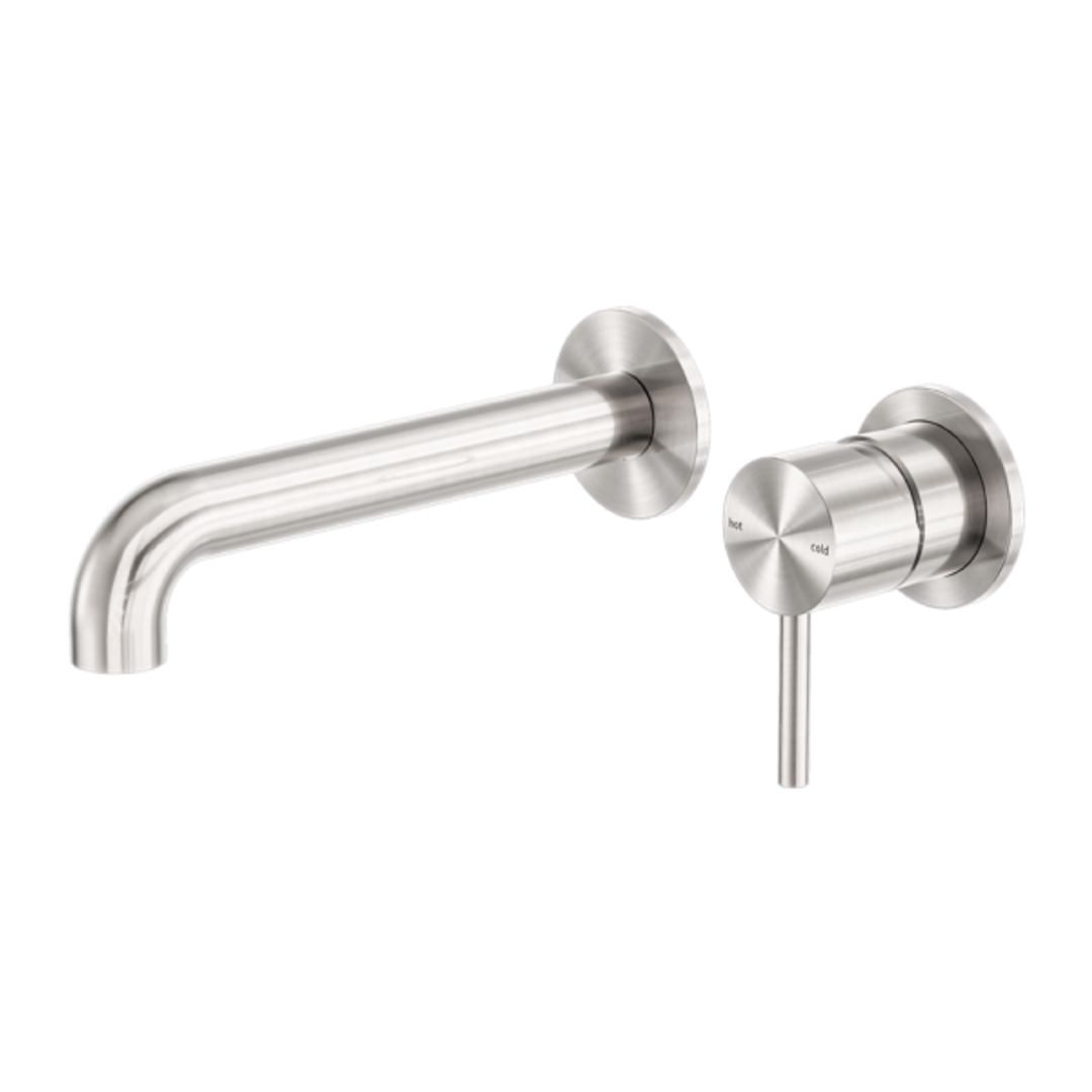 Nero Zen Stainless Steel Wall Basin/Bath Mixer Separate Back Plate 185Mm Spout Brushed Nickel