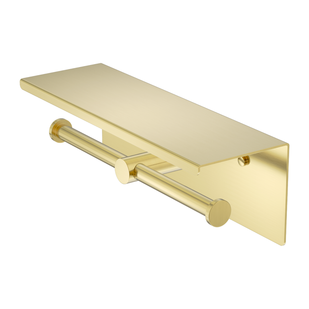Nero Mecca Double Toilet Roll Holder With Shelf Brushed Gold