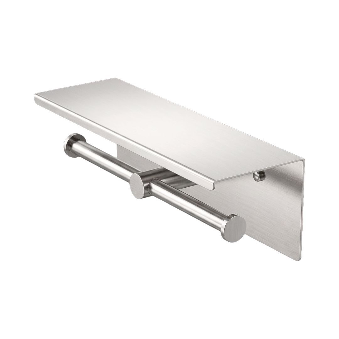 Nero Mecca Double Toilet Roll Holder With Shelf Brushed Nickel