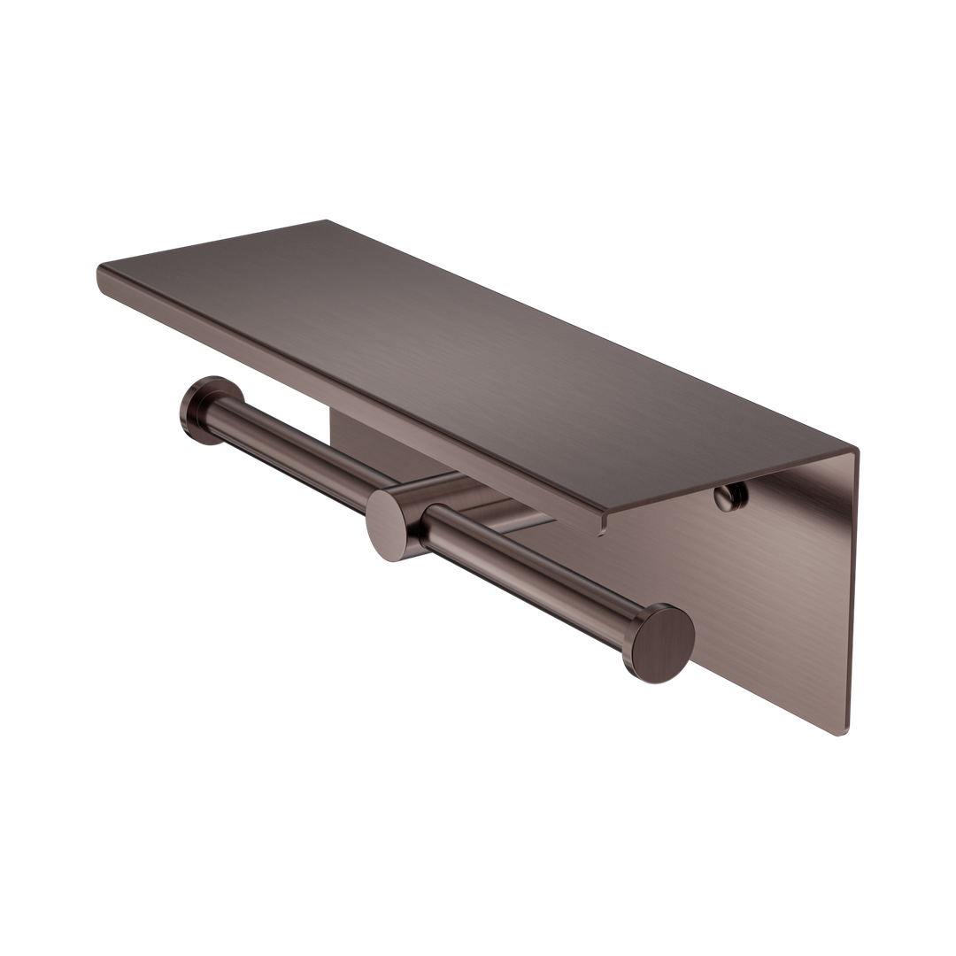Nero Mecca Double Toilet Roll Holder With Shelf Brushed Bronze