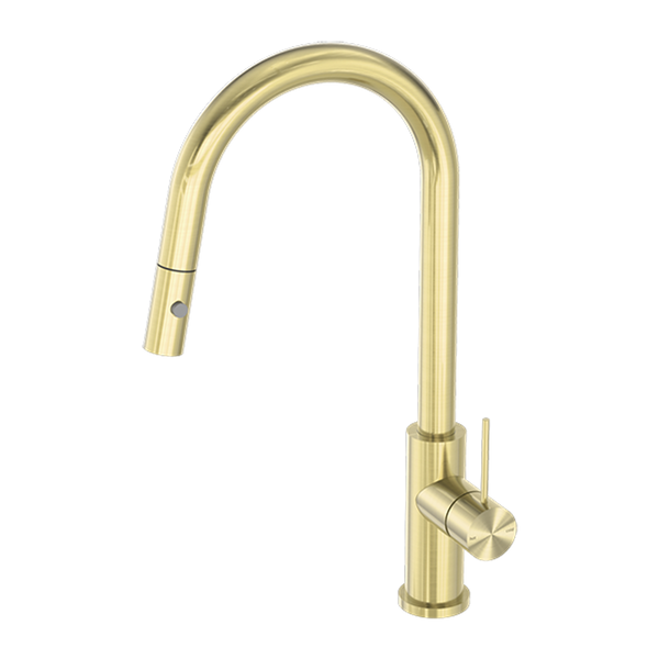 Nero Mecca Gooseneck Pull Out Sink Mixer With Vegie Spray Brushed Gold