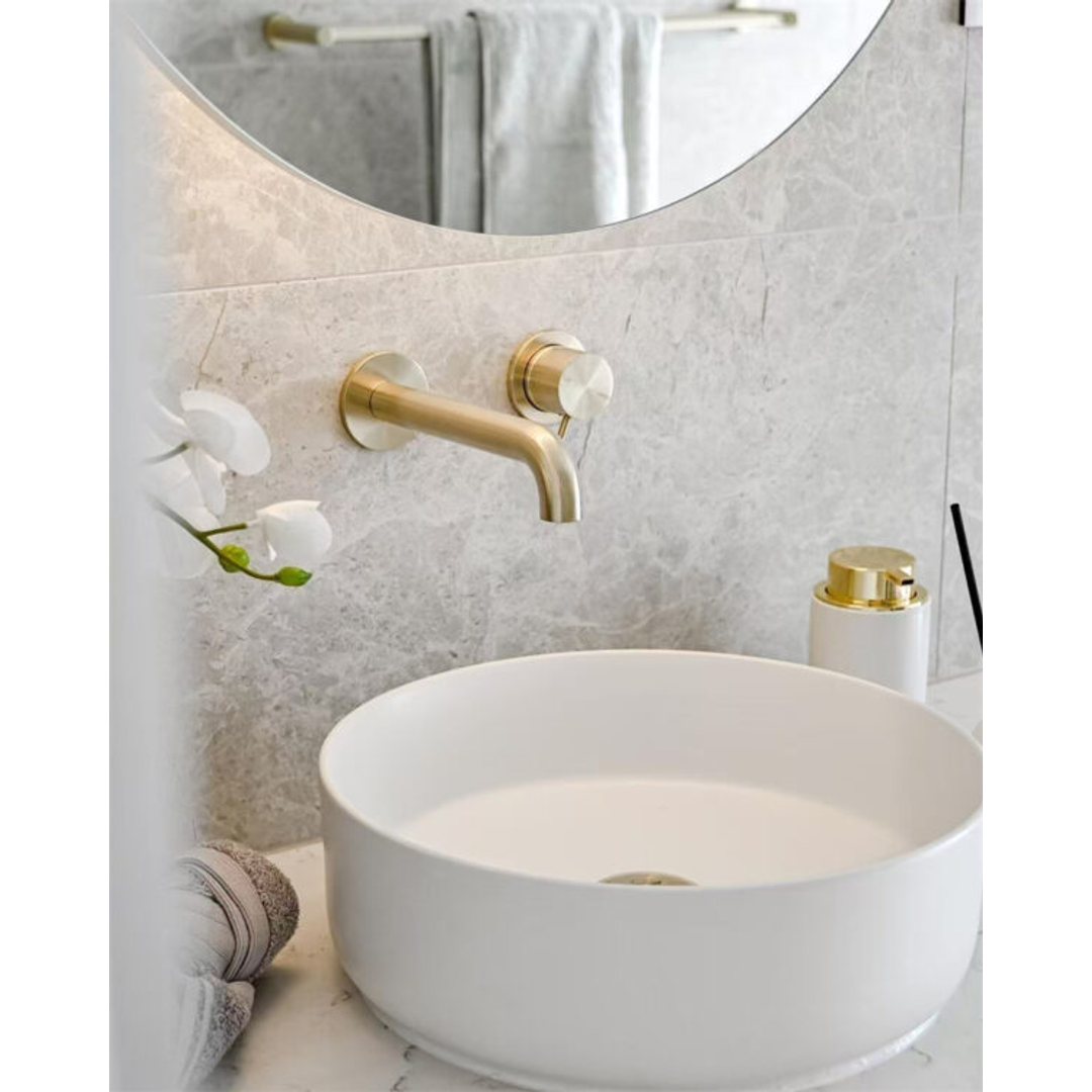 Nero Mecca Wall Basin Mixer Sep Bp 160mm Spout Brushed Gold