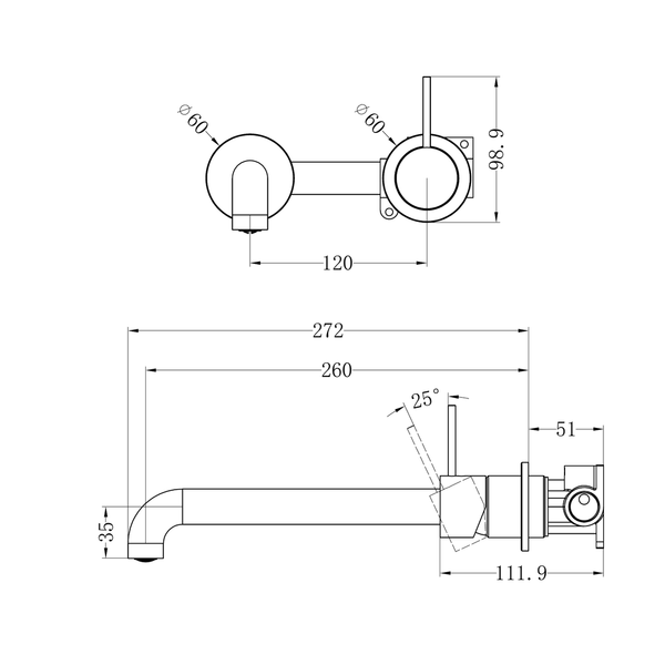 Nero Mecca Wall Basin/Bath Mixer Separate Back Plate Handle Up 260Mm Brushed Bronze