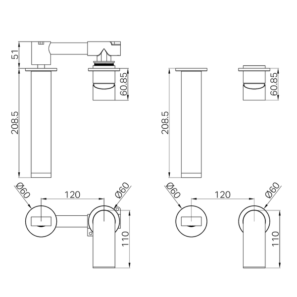 Nero Bianca Wall Basin/Bath Mixer Separate Back Plate 187Mm Brushed Bronze