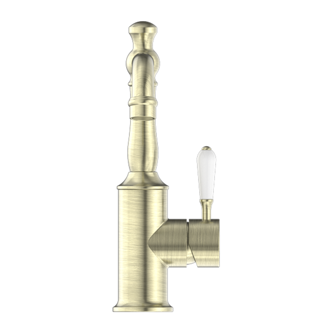 Nero York Basin Mixer With White Porcelain Lever Aged Brass