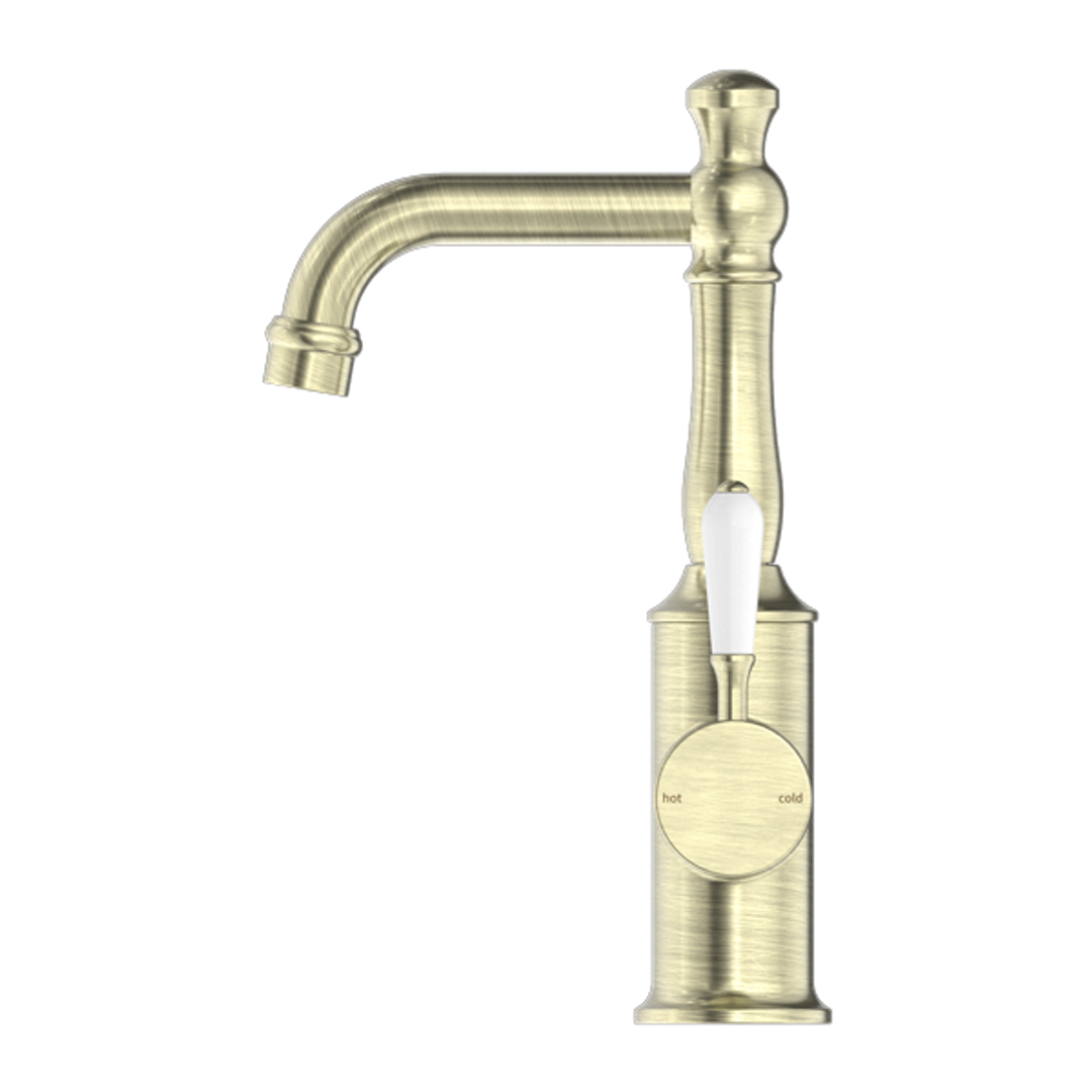 Nero York Basin Mixer With White Porcelain Lever Aged Brass