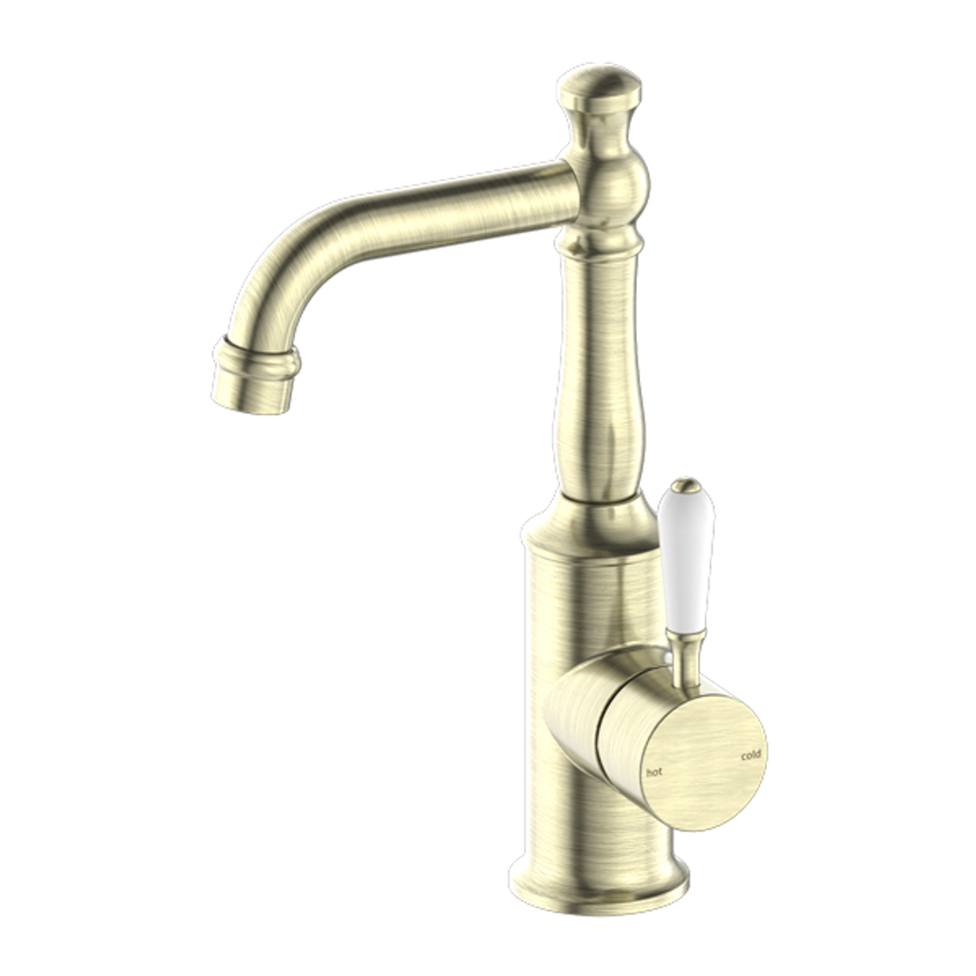 Nero York Basin Mixer With White Porcelain Lever Aged Brass