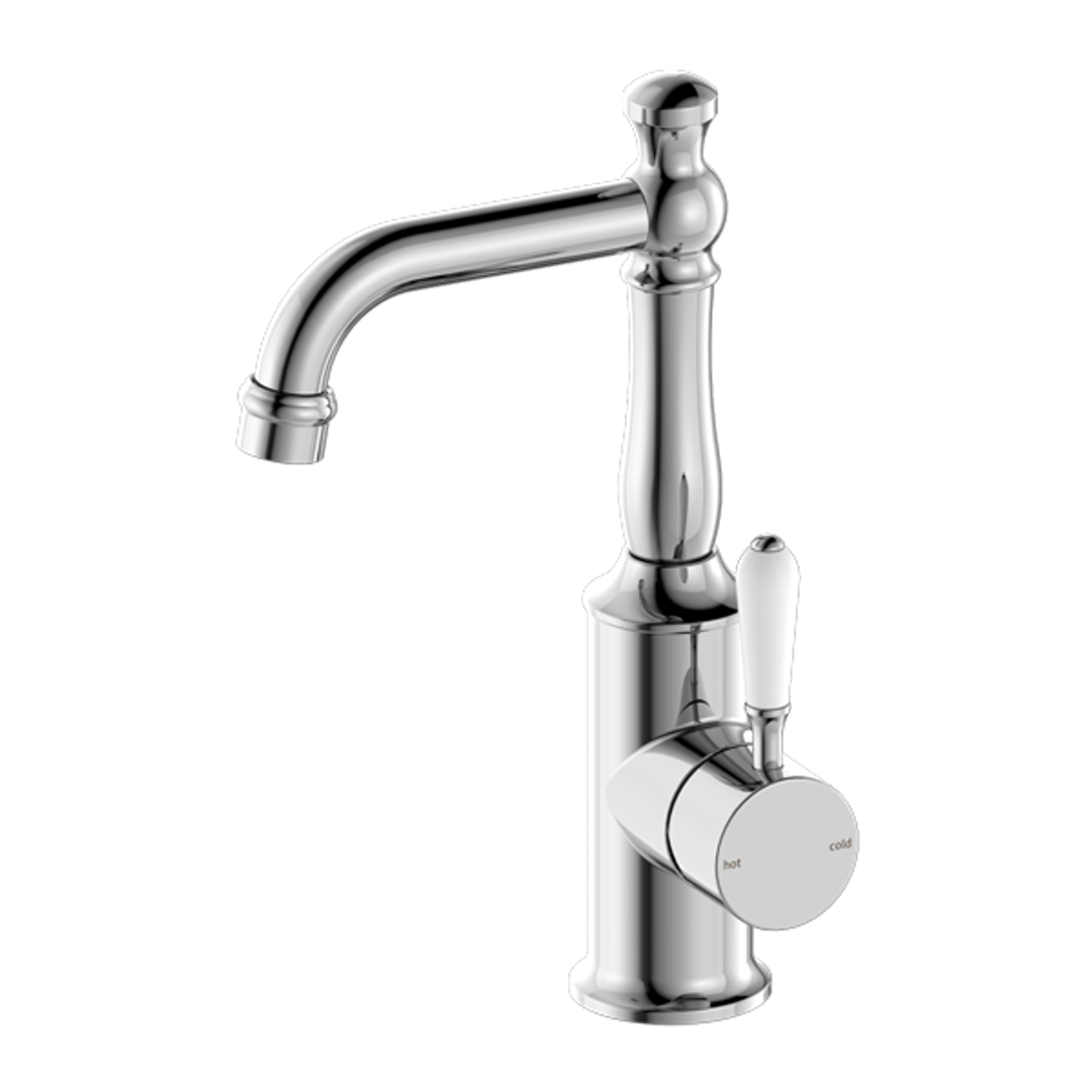 Nero York Basin Mixer With White Porcelain Handle Chrome