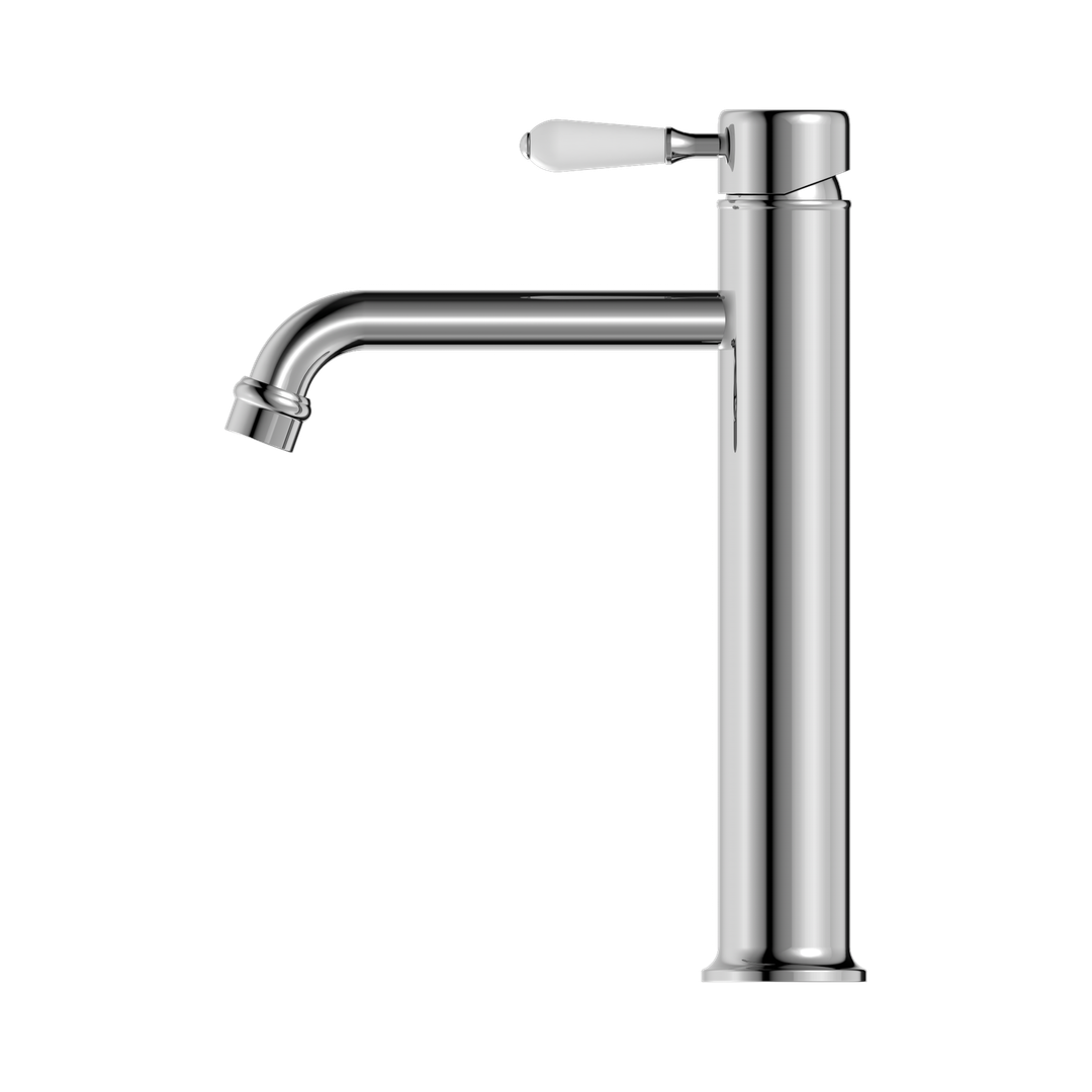 NERO YORK STRAIGHT TALL BASIN MIXER WITH WHITE PORCELAIN LEVER CHROME