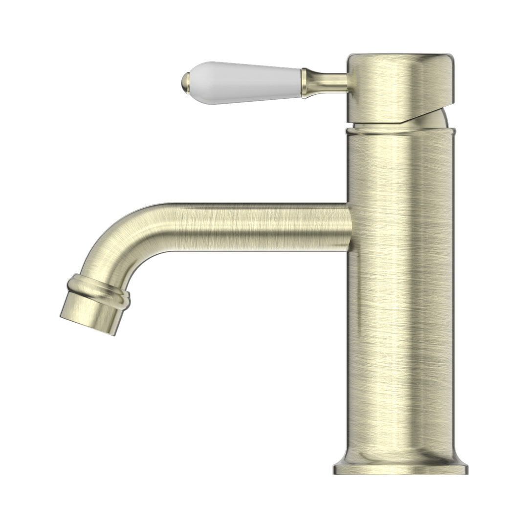 NERO YORK STRAIGHT BASIN MIXER WITH WHITE PORCELAIN LEVER AGED BRASS