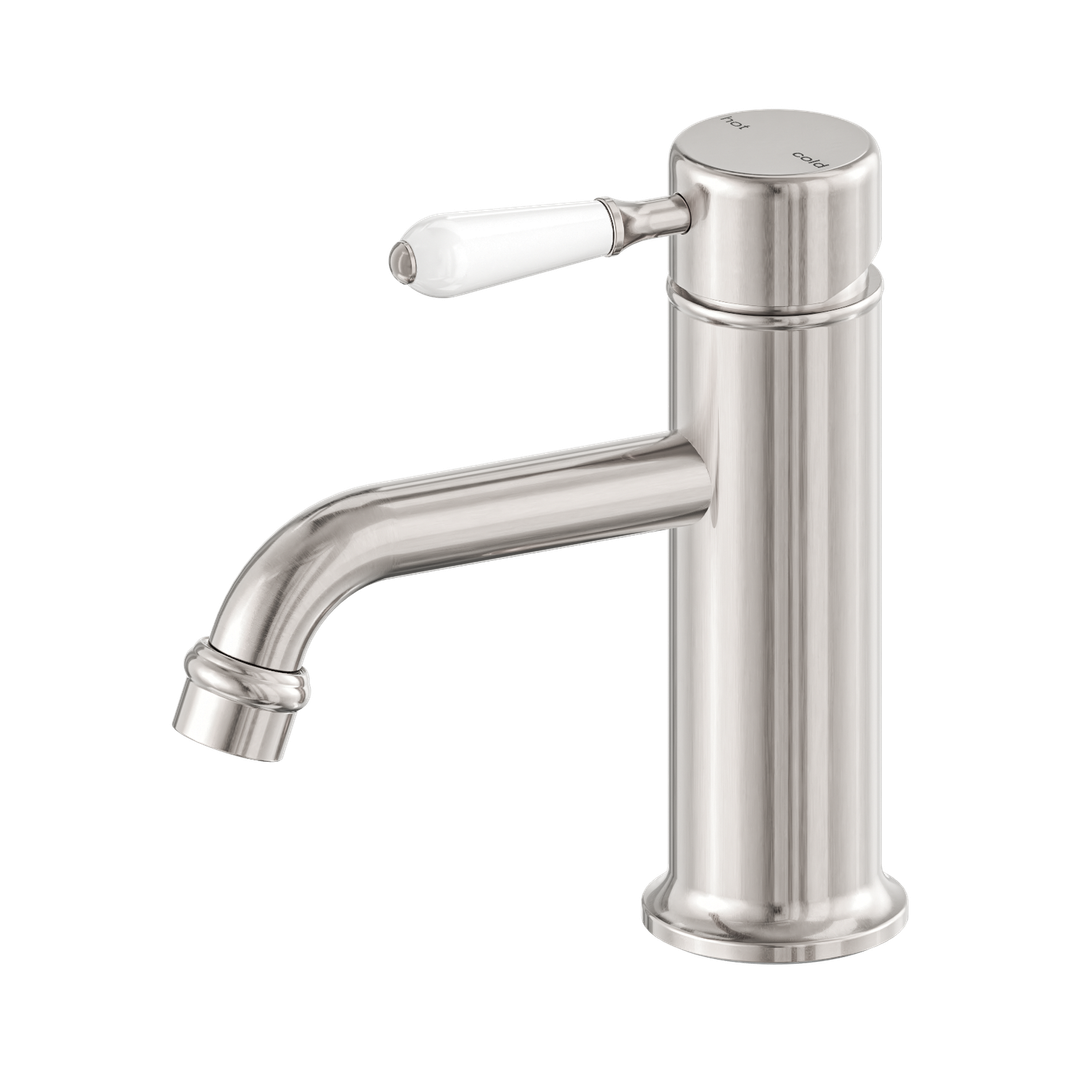 Nero York Straight Basin Mixer With White Porcelain Lever Brushed Nickel