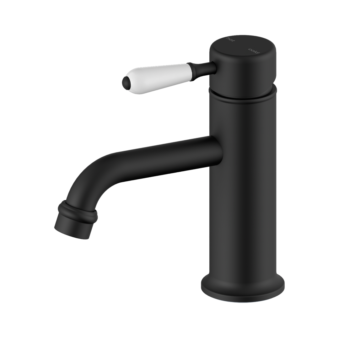 Nero York Straight Basin Mixer With White Porcelain Lever Matte Black