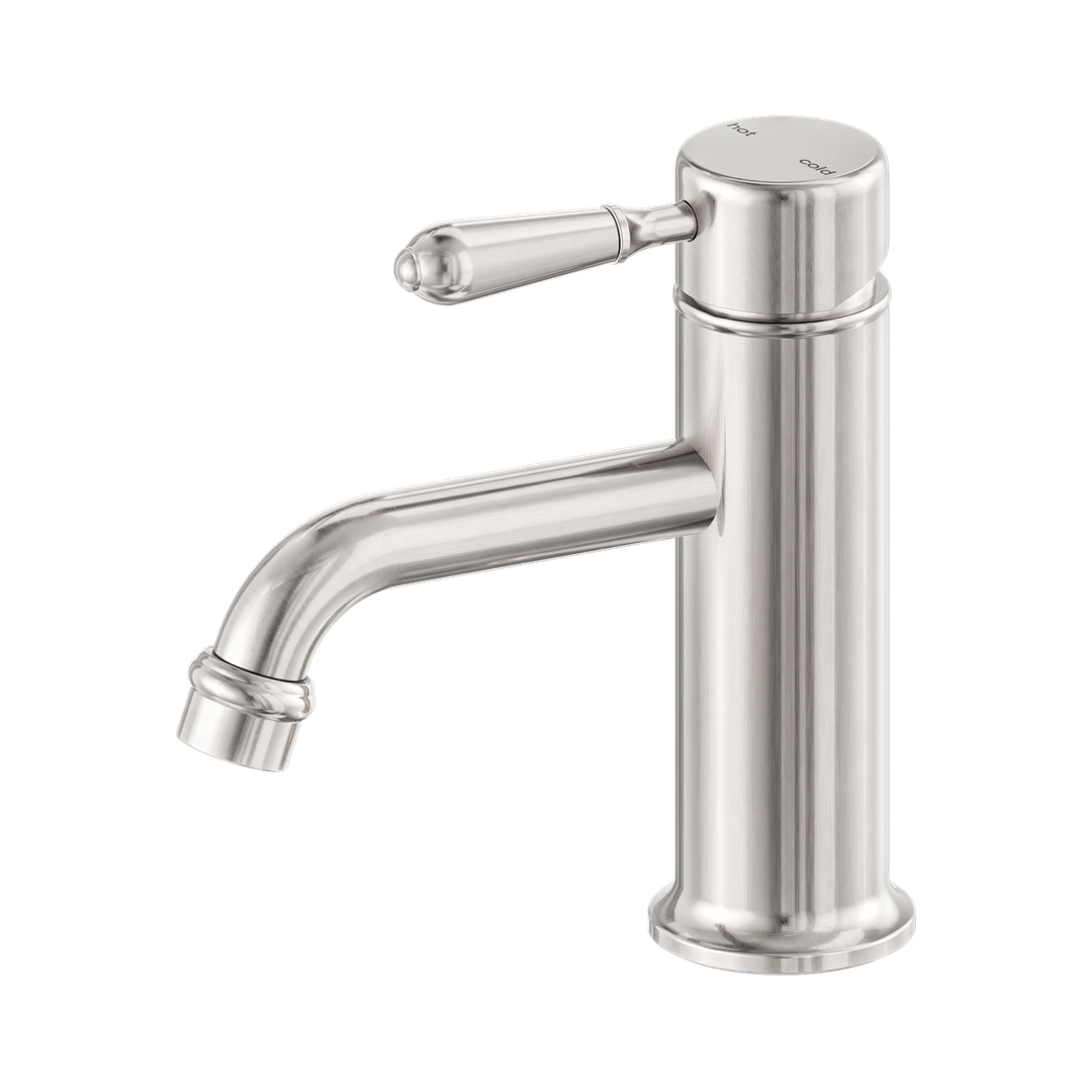 Nero York Straight Basin Mixer With Metal Lever Brushed Nickel