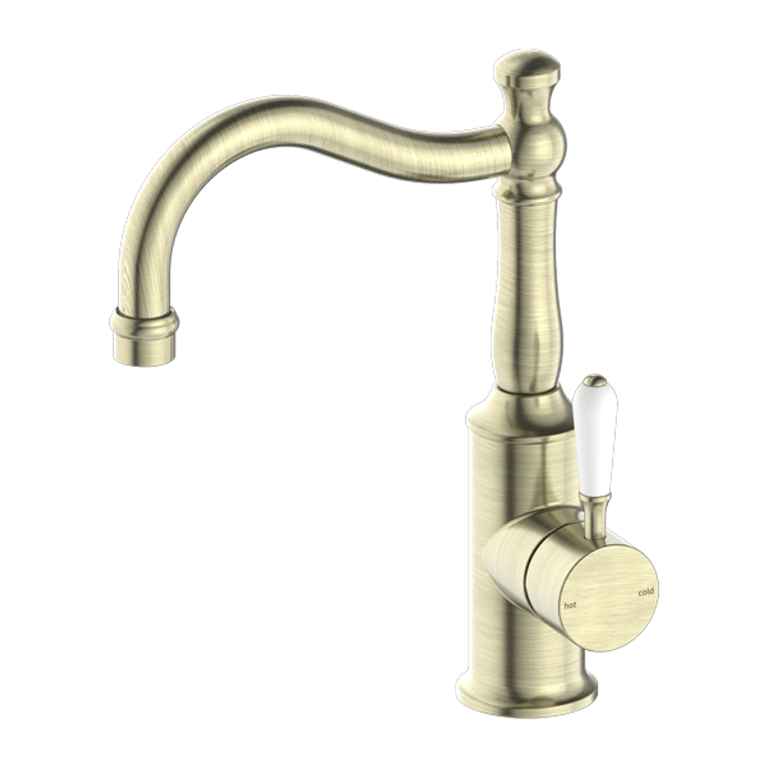 Nero York Basin Mixer Hook Spout With White Porcelain Lever Aged Brass