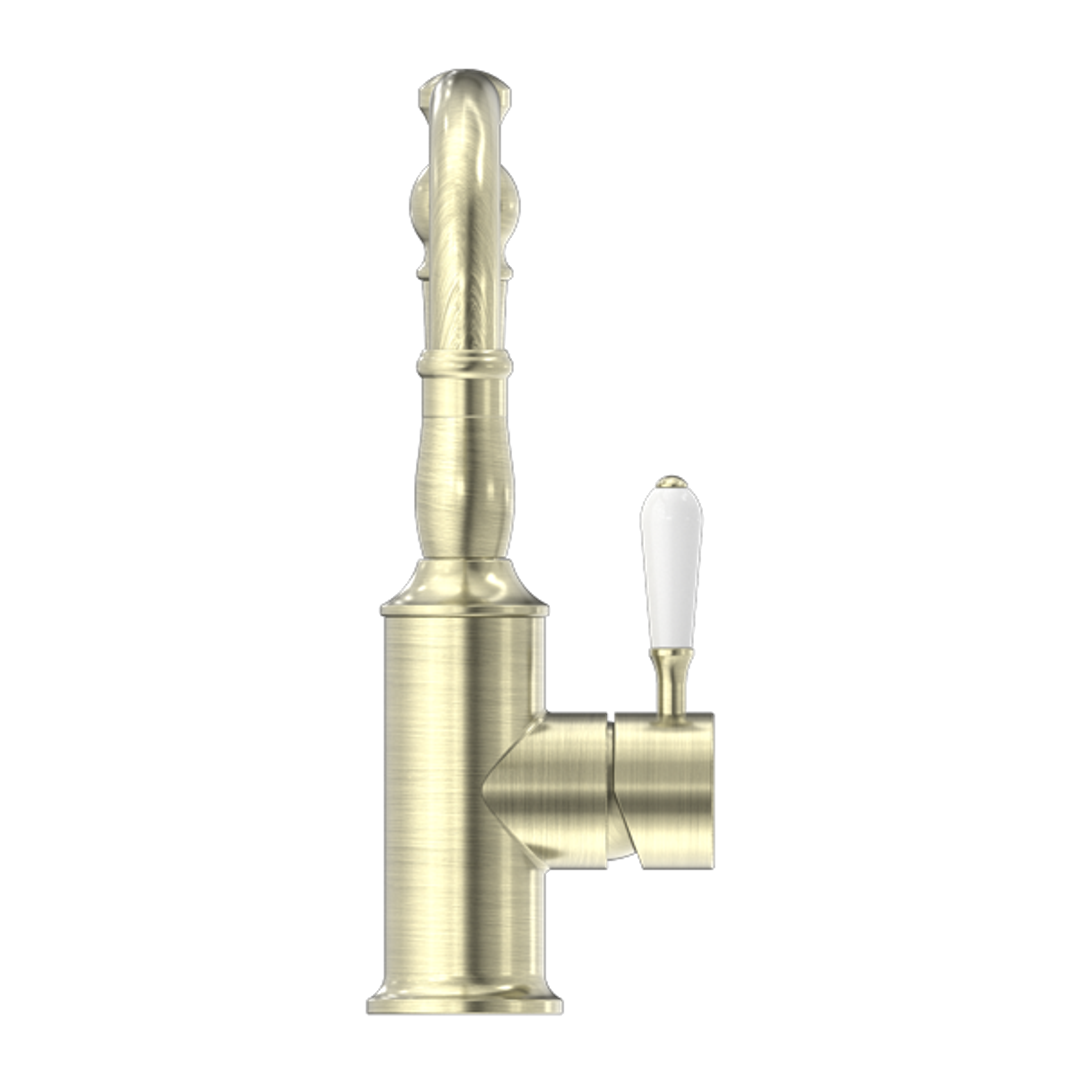 Nero York Basin Mixer Hook Spout With White Porcelain Lever Aged Brass