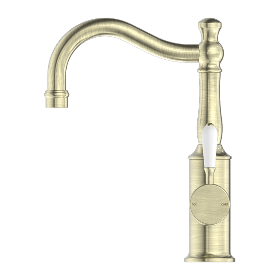 Nero York Basin Mixer Hook Spout With White Porcelain Lever Aged Brass