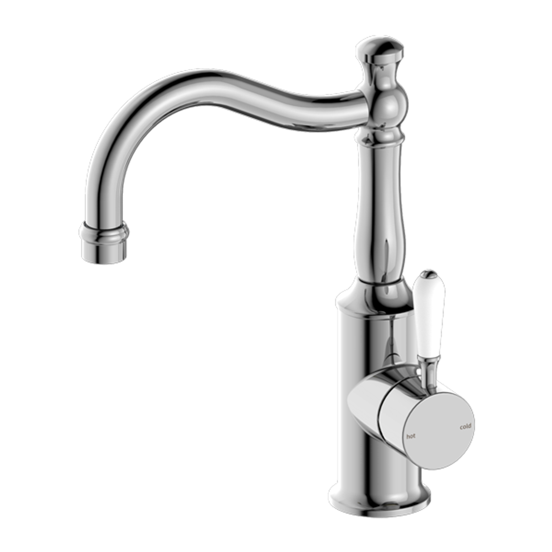 Nero York Basin Mixer White Porcelain Lever Hook Spout Chrome