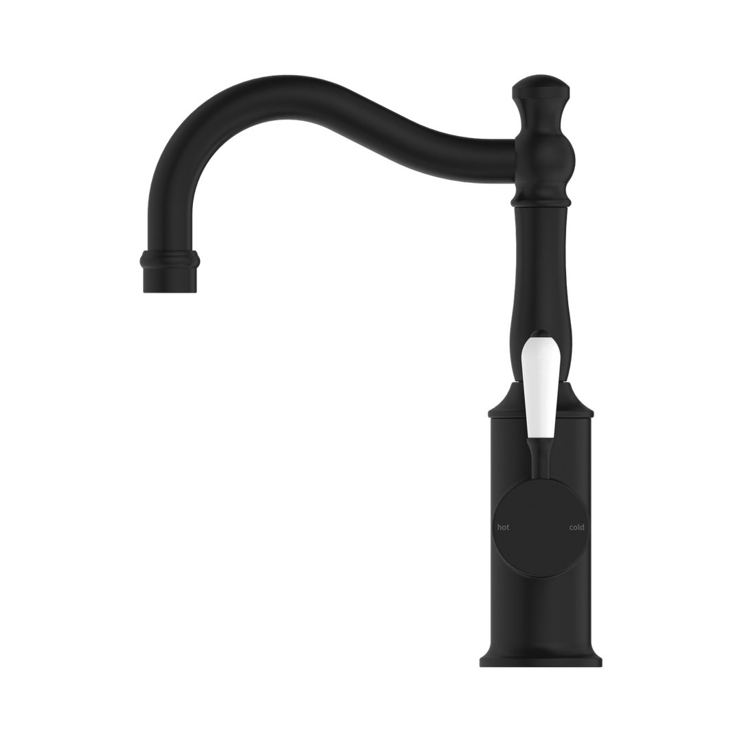 Nero York Basin Mixer Hook Spout With White Porcelain Lever Matte Black
