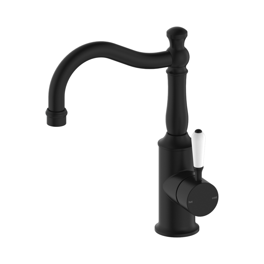 Nero York Basin Mixer Hook Spout With White Porcelain Lever Matte Black