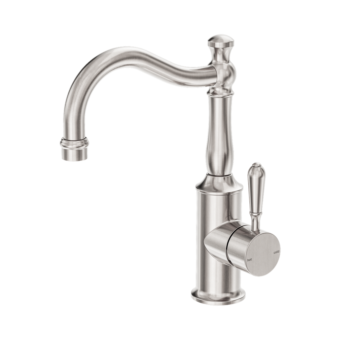 Nero York Basin Mixer Hook Spout With Metal Lever Brushed Nickel