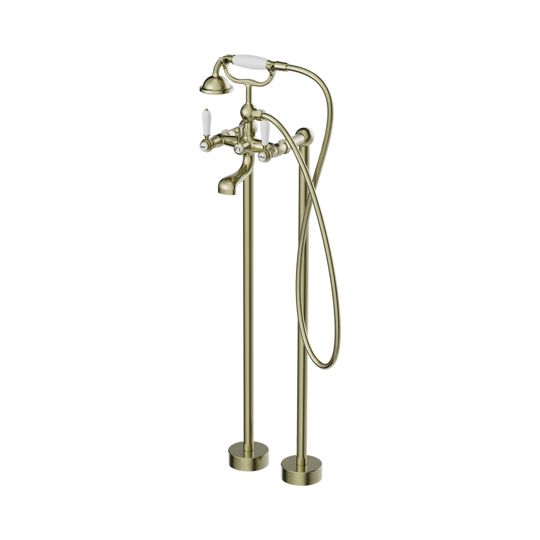 Nero York Freestanding Bath Set With White Porcelain Hand Shower Aged Brass
