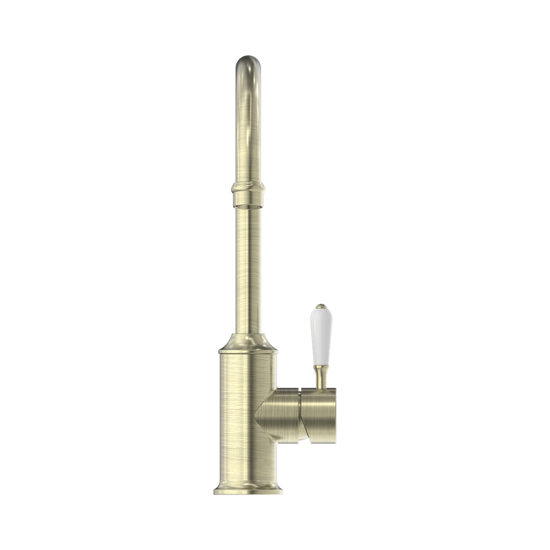 Nero York Kitchen Mixer Gooseneck Spout With White Porcelain Lever Aged Brass