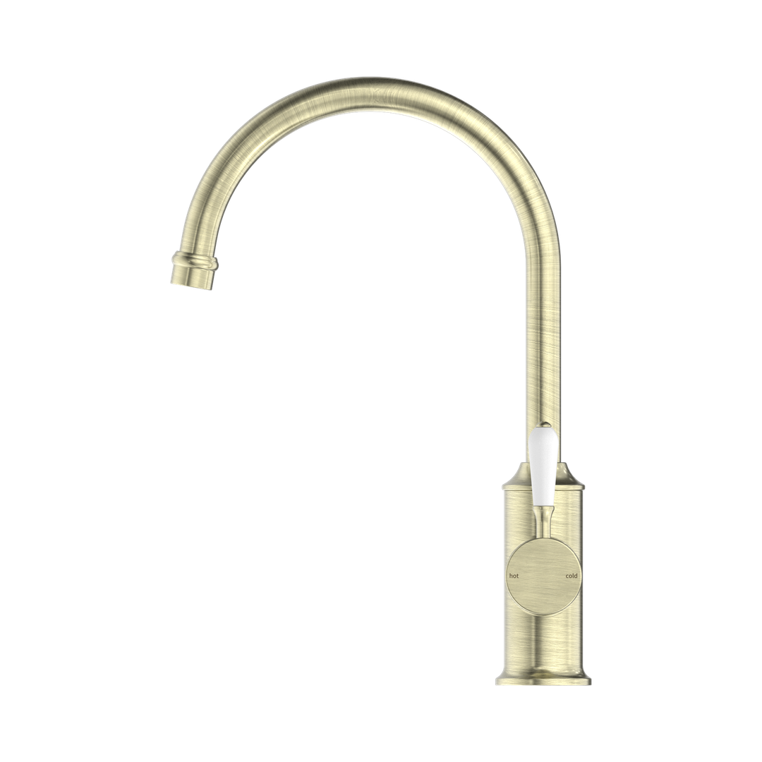 Nero York Kitchen Mixer Gooseneck Spout With White Porcelain Lever Aged Brass