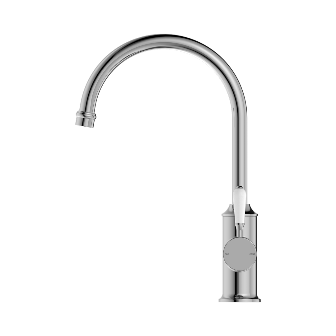 Nero York Kitchen Mixer Gooseneck Spout With White Porcelain Lever Chrome