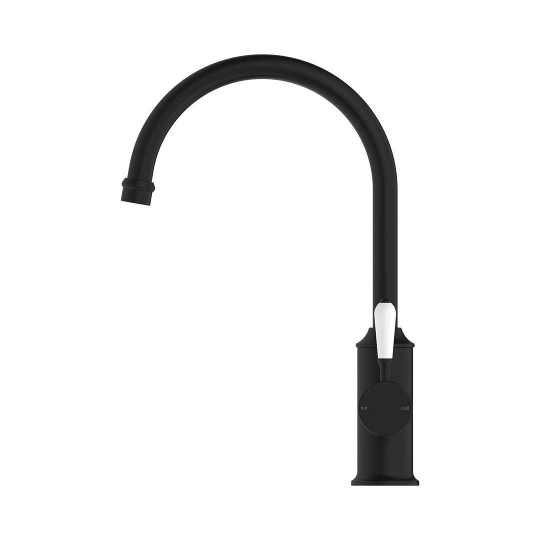 Nero York Kitchen Mixer Gooseneck Spout With White Porcelain Lever Matte Black