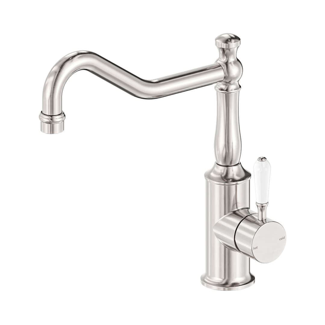 Nero York Kitchen Mixer Hook Spout With White Porcelain Lever Brushed Nickel