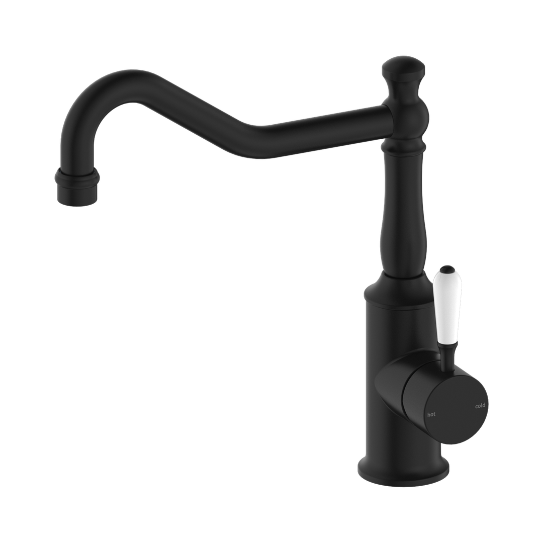Nero York Kitchen Mixer Hook Spout With White Porcelain Lever Matte Black
