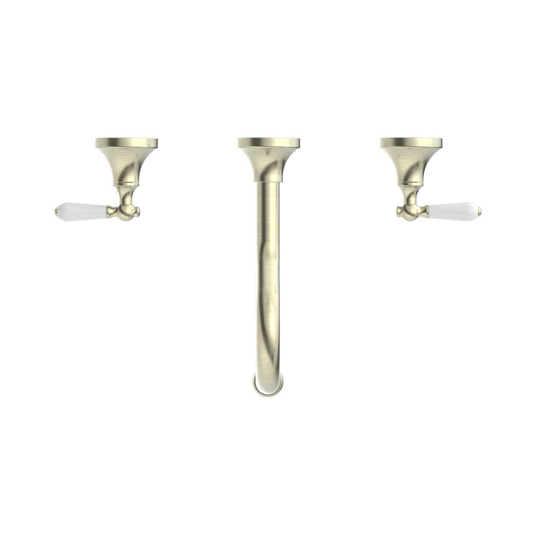 Nero York Wall Basin Set With White Porcelain Lever Aged Brass