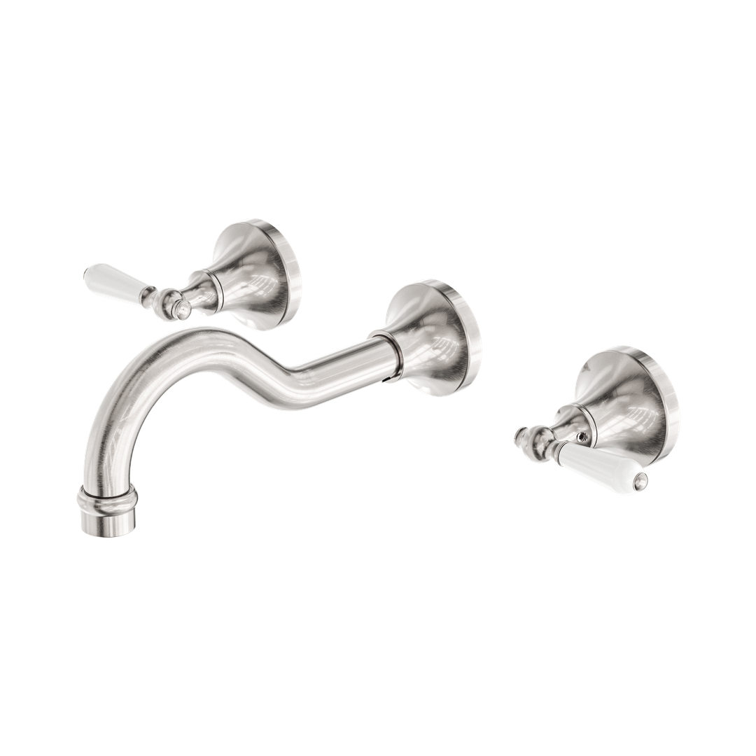 Nero York Wall Basin Set With White Porcelain Lever Brushed Nickel