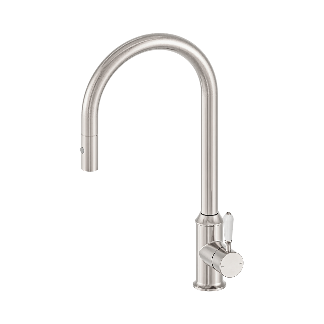 Nero York Pull Out Sink Mixer & Vegie Spray Function C/W White Porcelain Lever Brushed Nickel
