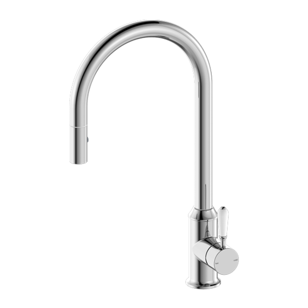 Nero York Pull Out Sink Mixer With Vegie Spray Function With White Porcelain Lever- Chrome