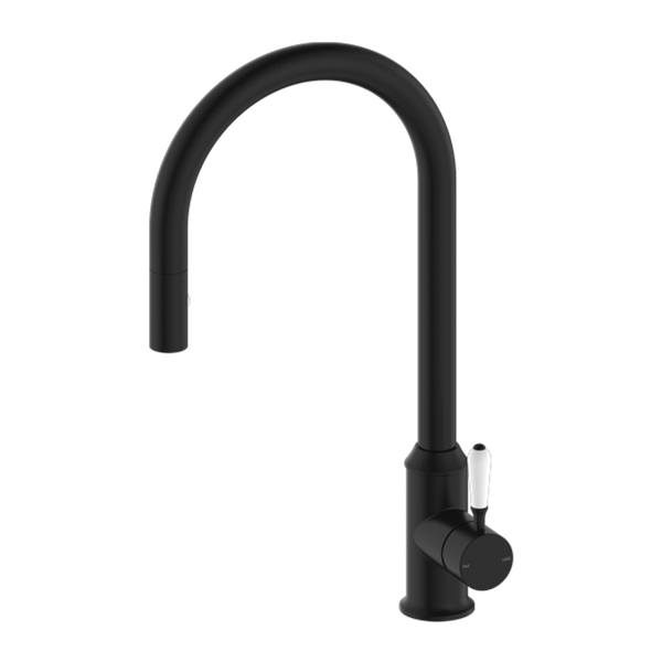Nero York Pull Out Sink Mixer With Vegie Spray Function With White Porcelain Lever- Matte
