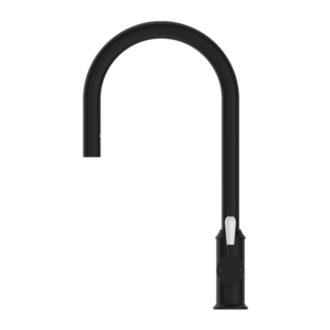 Nero York Pull Out Sink Mixer With Vegie Spray Function With White Porcelain Lever- Matte