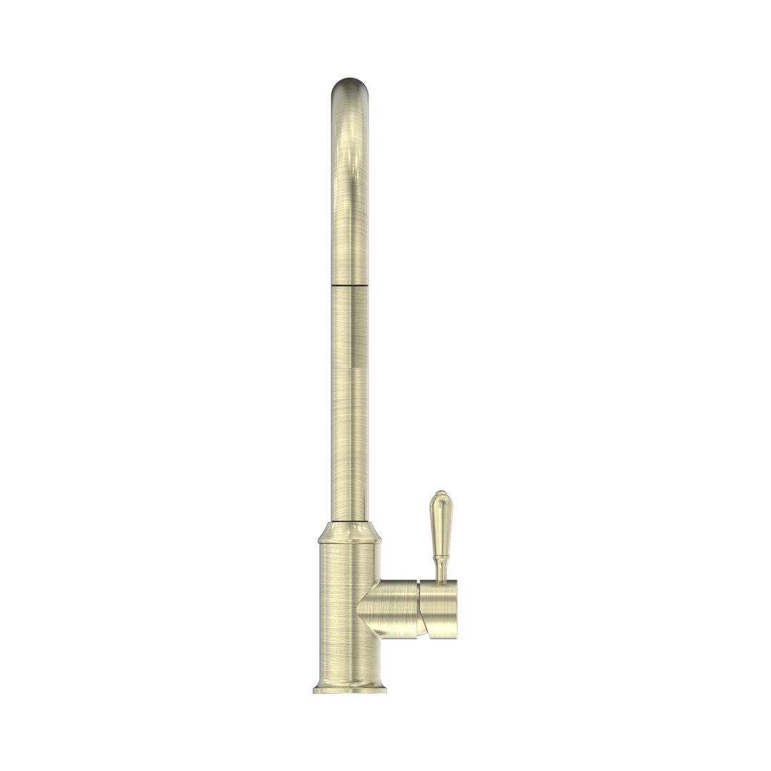 Nero York Pull Out Sink Mixer With Vegie Spray Function With Metal Lever Aged Brass