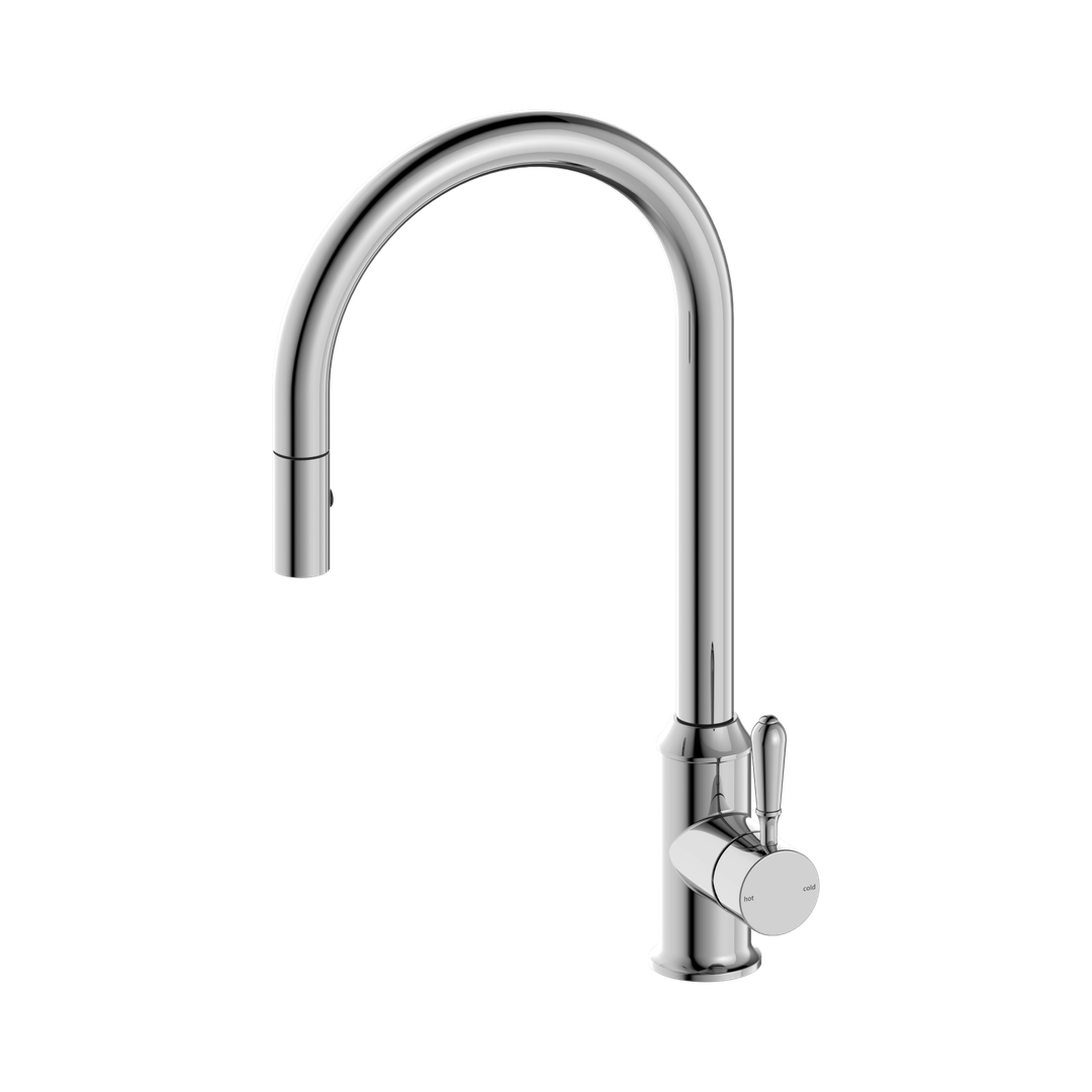 Nero York Pull Out Sink Mixer With Vegie Spray Function With Metal Lever Chrome