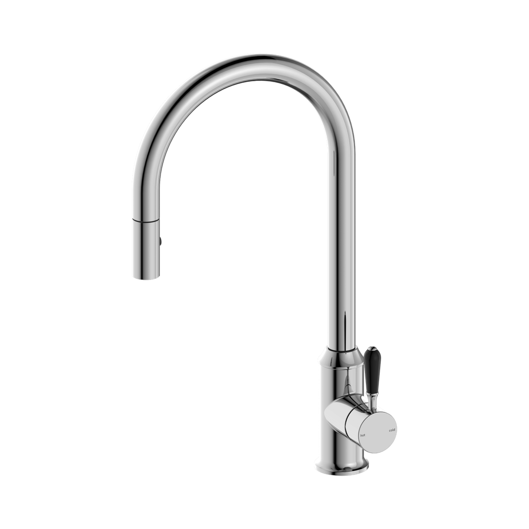 Nero York Pull Out Sink Mixer With Vegie Spray Function With Black Porcelain Lever Chrome