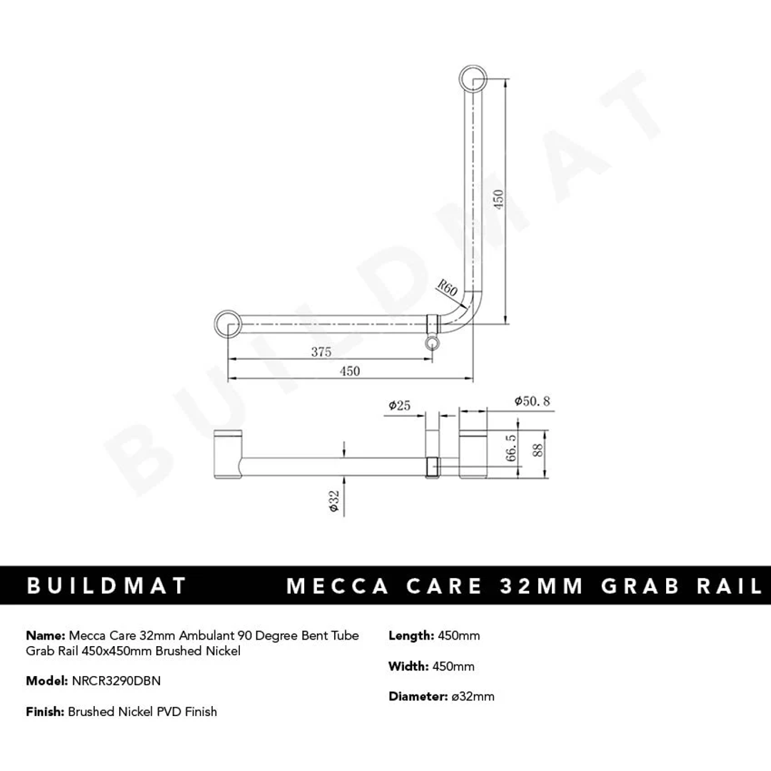 Nero Mecca Care 32mm Ambulant 90Degree Bent Tube Grab Rail 450mm Brushed Nickel