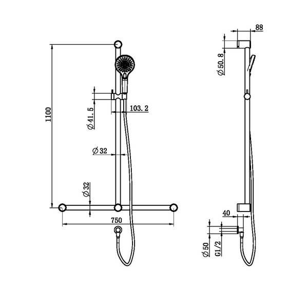Nero Mecca Care 32Mm T Bar Grab Rail And Adjustable Shower Set 1100X750Mm Brushed Nickel