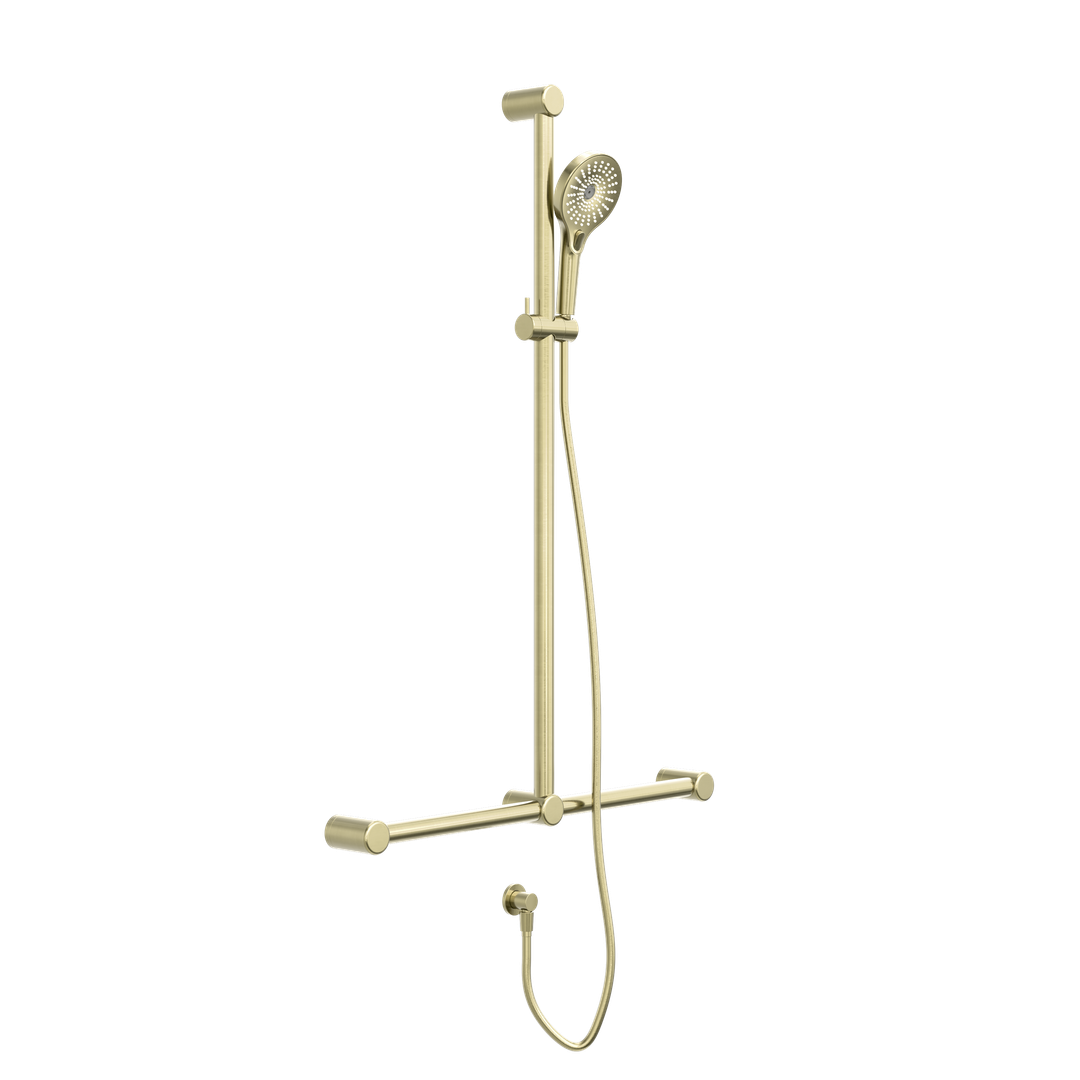 Nero Mecca Care 32mm T Bar Grab Rail And Adjustable Shower Set 1100X750mm Brushed Gold