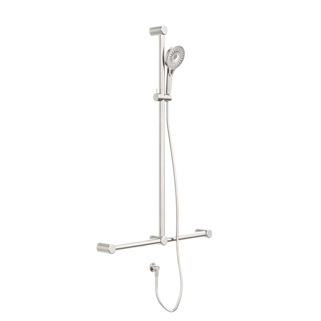 Nero Mecca Care 32Mm T Bar Grab Rail And Adjustable Shower Set 1100X750Mm Brushed Nickel