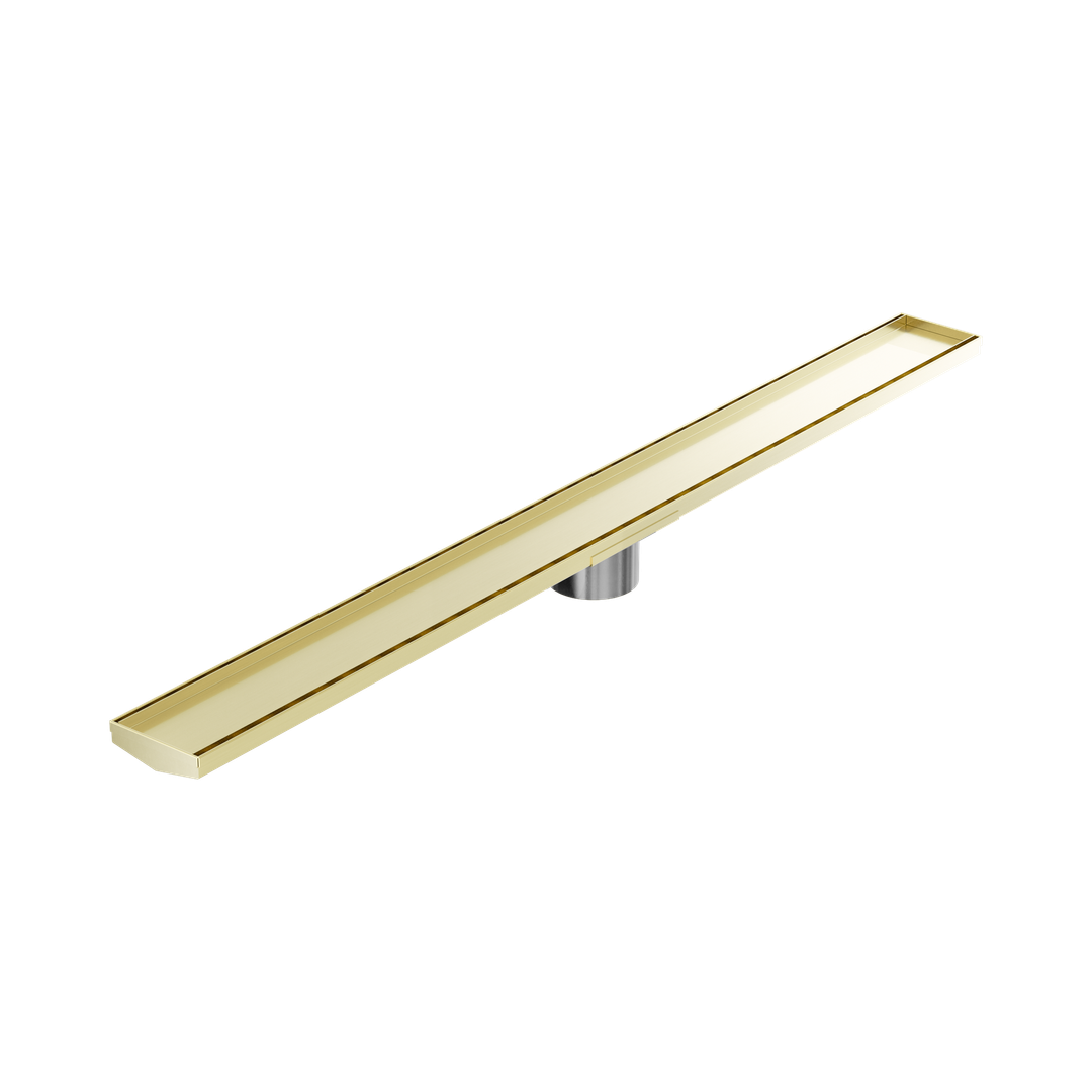 Nero Tile Insert V Channel 1200X106Mm Floor Grate 90Mm Outlet Brushed Gold