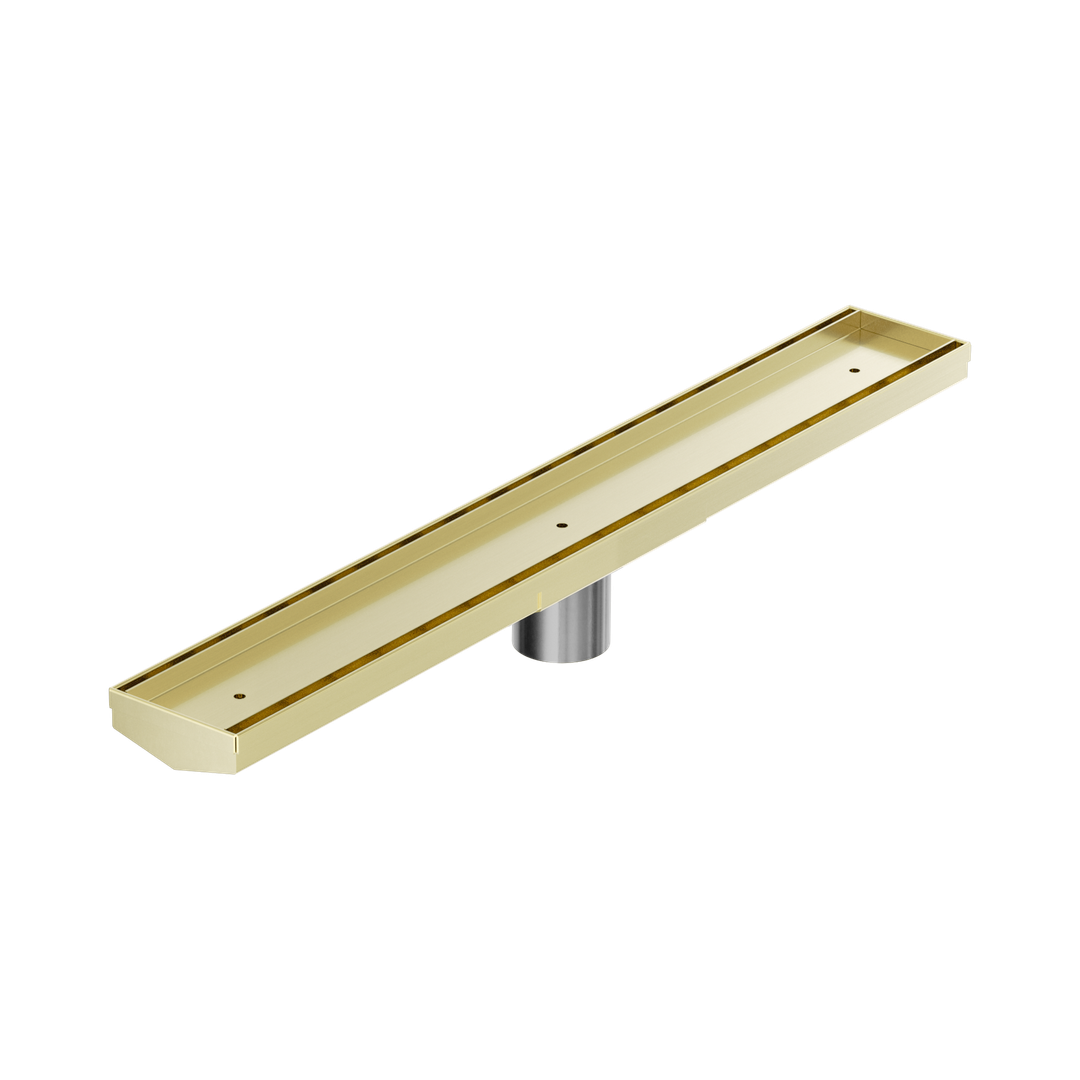 Nero Tile Insert V Channel 600X82Mm Floor Grate 50Mm Outlet Brushed Gold